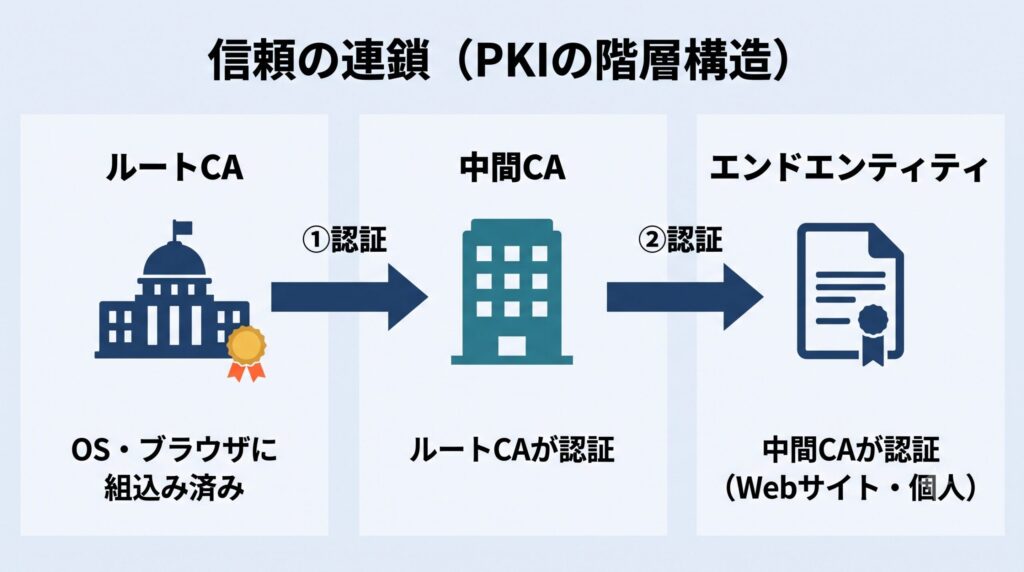 PKIの信頼の連鎖を示す階層図。OS・ブラウザに組み込まれたルートCAが中間CAを認証し、中間CAがWebサイトや個人などのエンドエンティティを認証することで、末端まで信頼が伝わる