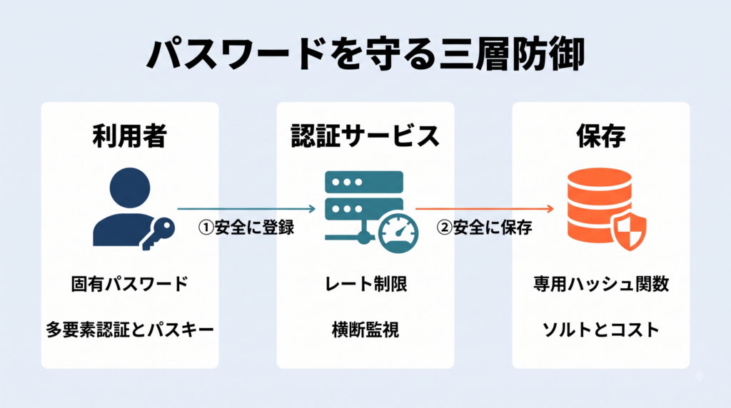 利用者は固有パスワードと多要素認証、認証サービスはレート制限と監視、保存側は専用ハッシュ関数とソルトで守る三層防御の図