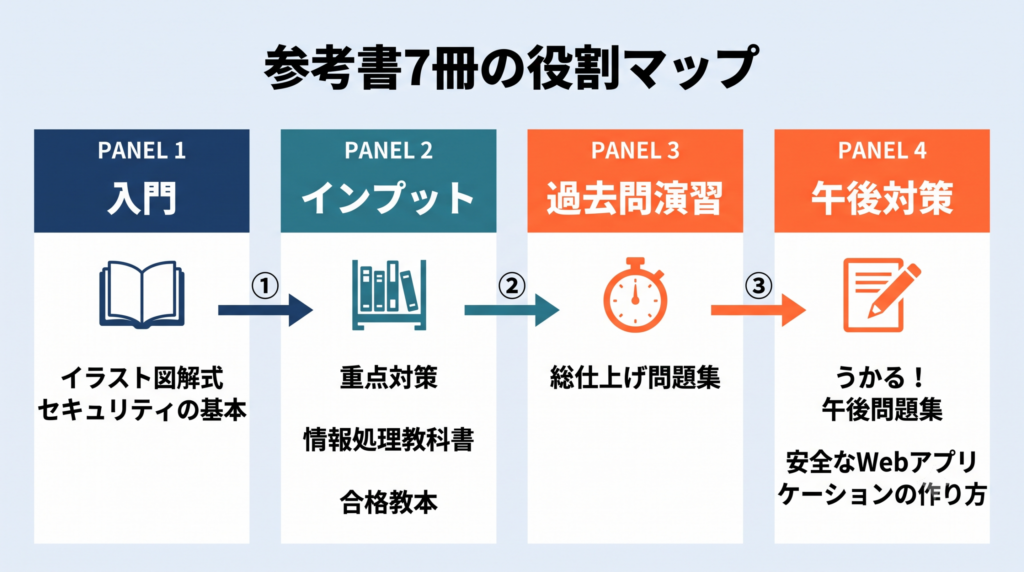 参考書7冊の役割マップ。左から入門(イラスト図解式 セキュリティの基本)、インプット(重点対策・情報処理教科書・合格教本)、過去問演習(総仕上げ問題集)、午後対策(うかる! 午後問題集・安全なWebアプリケーションの作り方)の4区分に分かれ、左から右へ矢印でつながっている。