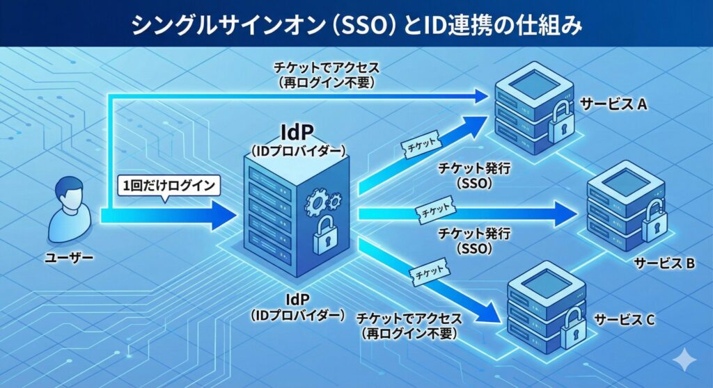 ID連携の概念図。左側に「ユーザー」、中央に「IdP（認証サーバ）」、右側に複数の「SP（サービスA, B, C）」を配置。ユーザーはIdPに一度鍵を渡すと、IdPが各SPに対して「通行手形」を発行している様子を図解する。