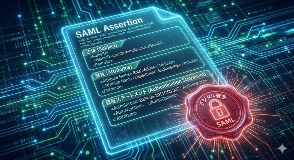 SAMLアサーションの構造イメージ。XML文書のアイコンがあり、その中に「Subject（ユーザーID）」「AuthnStatement（認証時刻）」「Signature（デジタル署名）」が含まれている様子。デジタル署名が「封蝋（シーリングワックス）」のようにデータの改ざんを防いでいるイメージ。
