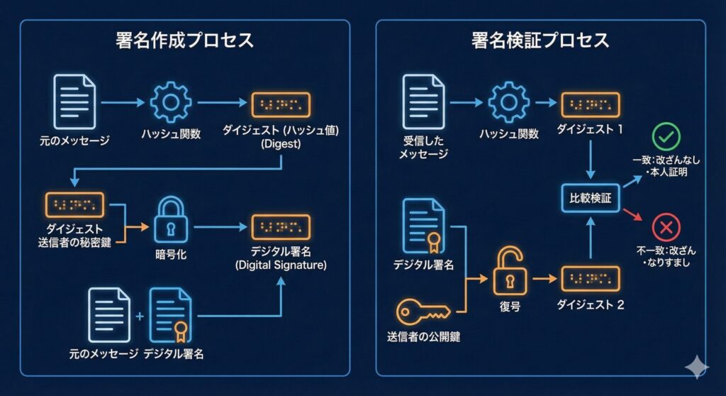 デジタル署名の生成と検証のプロセス図。ハッシュ化、秘密鍵による暗号化、公開鍵による復号、ハッシュ値の比較の4ステップを視覚化。