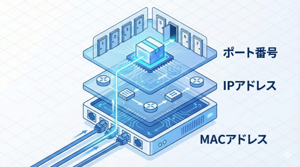 ネットワーク通信におけるMACアドレス、IPアドレス、ポート番号の階層イメージ図