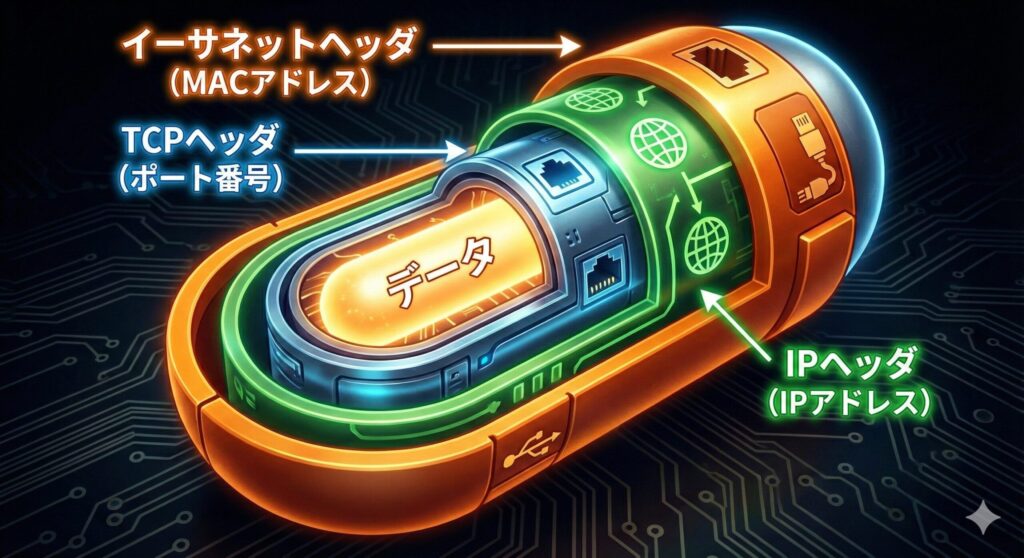 データにTCP、IP、イーサネットヘッダが付与されていくカプセル化の構造図