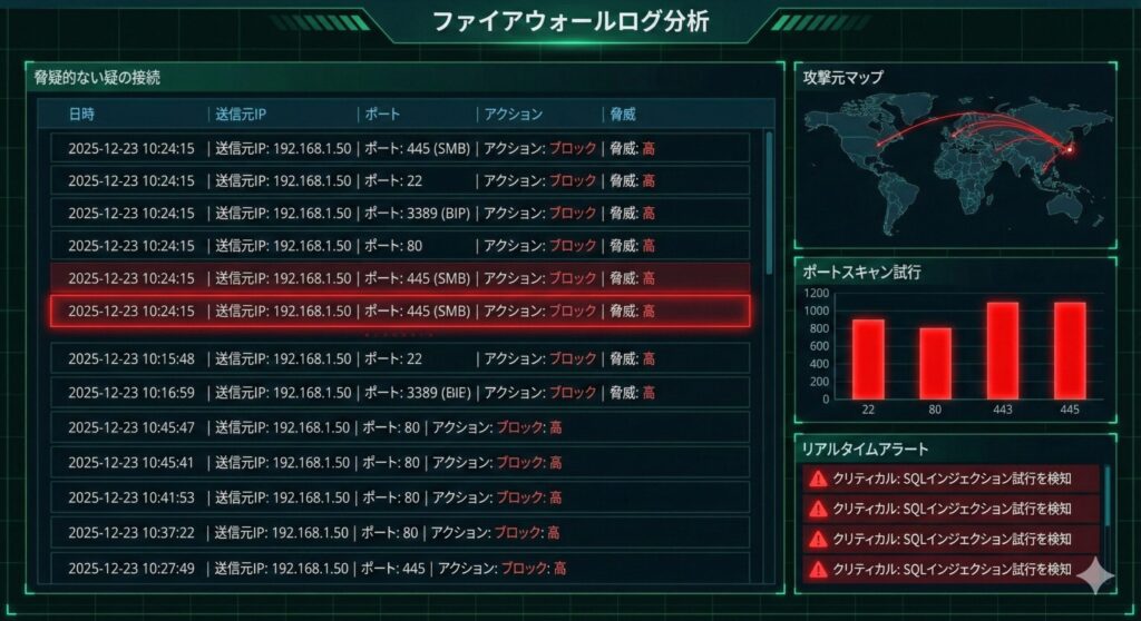 ファイアウォールログから攻撃の予兆を検知するセキュリティダッシュボードのイメージ