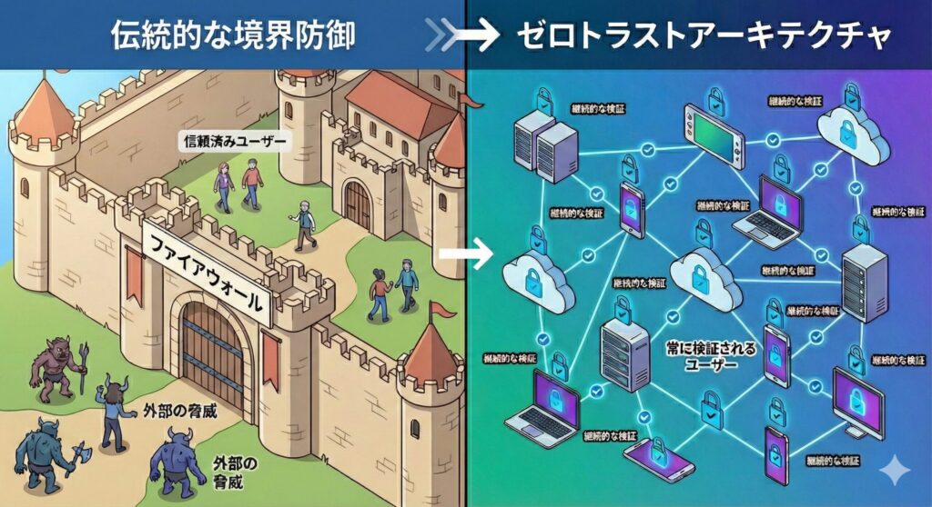 従来の境界防御型セキュリティとゼロトラストアーキテクチャの比較図