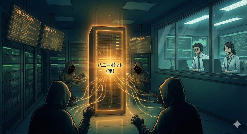 攻撃者をおびき寄せて監視するハニーポットシステムの概念図