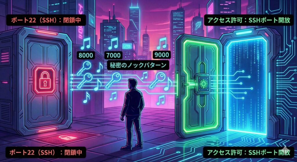 特定の順序でポートにアクセスすることでSSHポートが開くポートノッキングの仕組み