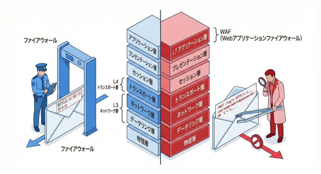 ファイアウォールとWAFの守備範囲の違い(OSI参照モデルとの対応)