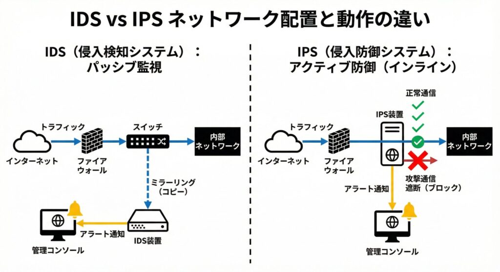 IDSのミラーリング構成とIPSのインライン構成の違いを表したネットワーク図