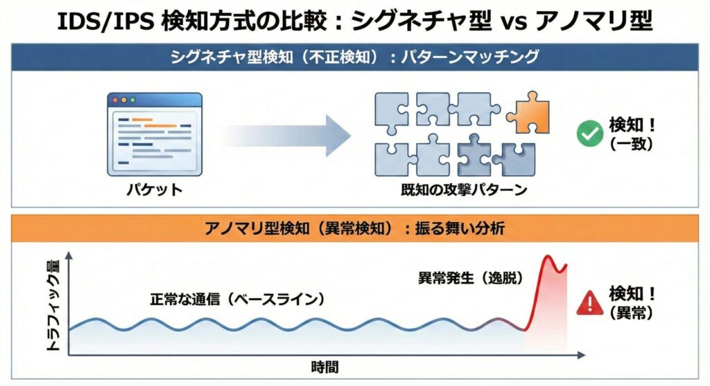 既知のパターンと一致させるシグネチャ型と、ベースラインからの逸脱を監視するアノマリ型の検知イメージ図