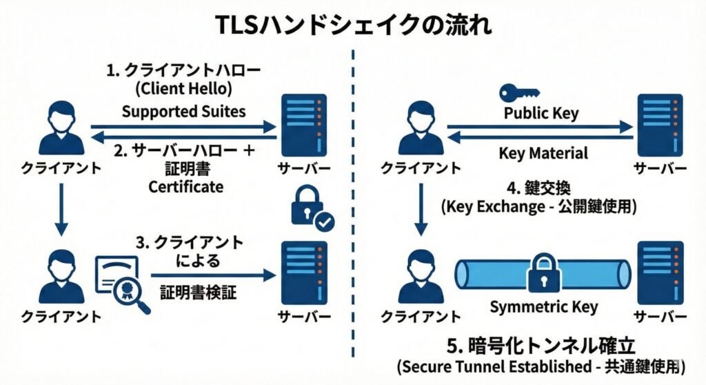 TLSハンドシェイクの流れ。証明書の検証から共通鍵の交換、そして暗号化通信の確立までをステップごとに図解。