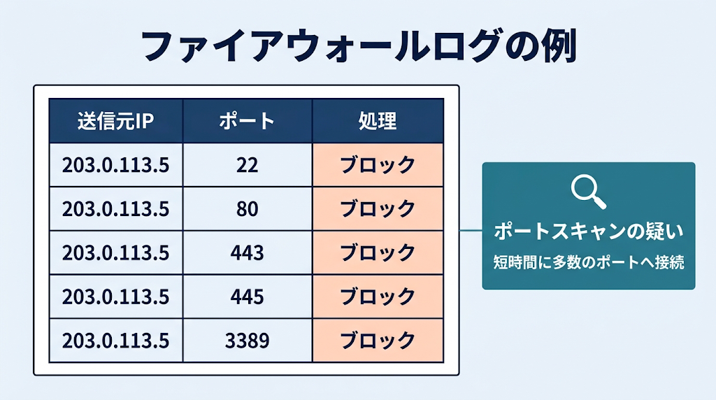 ファイアウォールのログ表。同じ送信元IP（203.0.113.5）から、ポート22・80・443・445・3389へ短時間に接続が相次ぎ、すべてブロックされている。多数のポートへの接続試行はポートスキャンの疑いがあることを示す