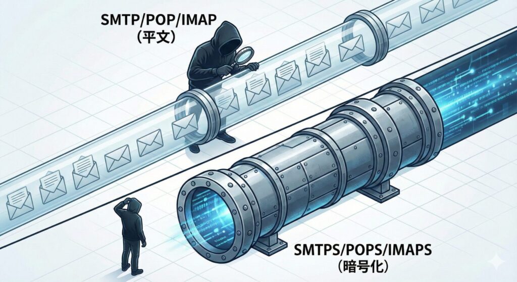 平文通信(透明なパイプ)と暗号化通信(装甲トンネル)の比較イメージ図