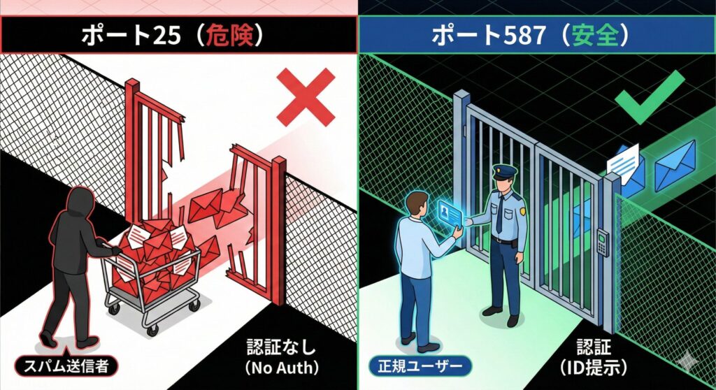  認証のない25番ポートと認証を必須とする587番サブミッションポートの違い