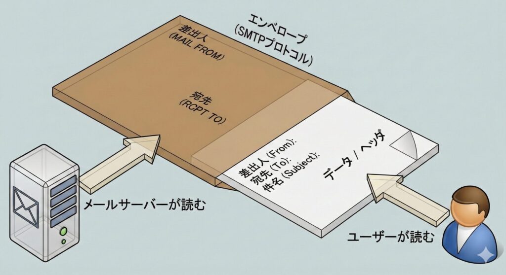 メール配送に使われるエンベロープ情報とメールソフトが表示するヘッダ情報の構造的違い