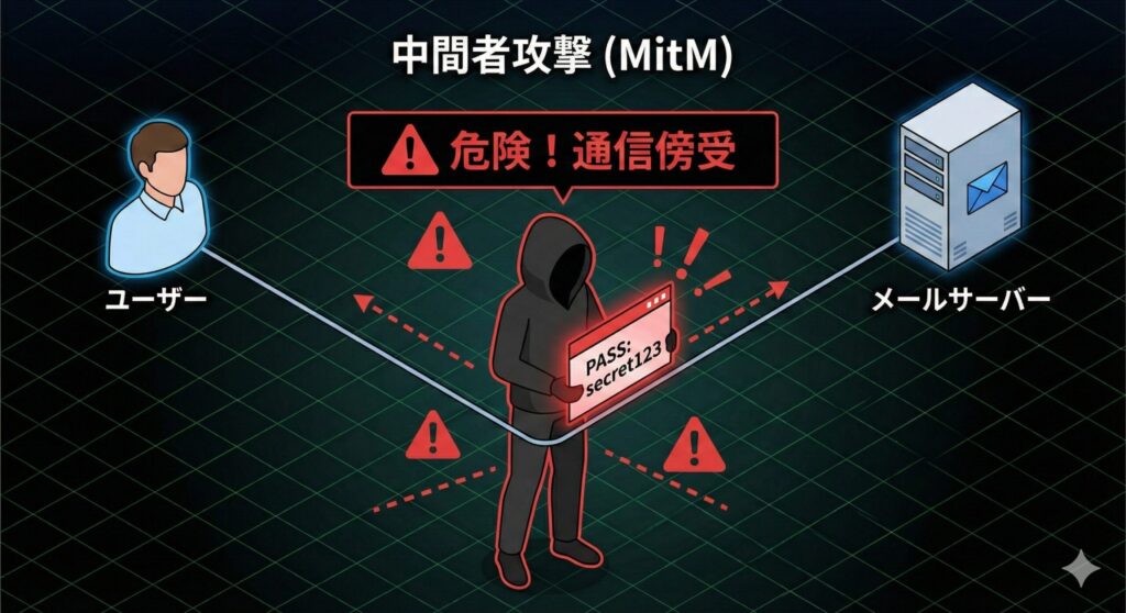 中間者攻撃(MitM)によってパスワードが盗聴されるイメージ図