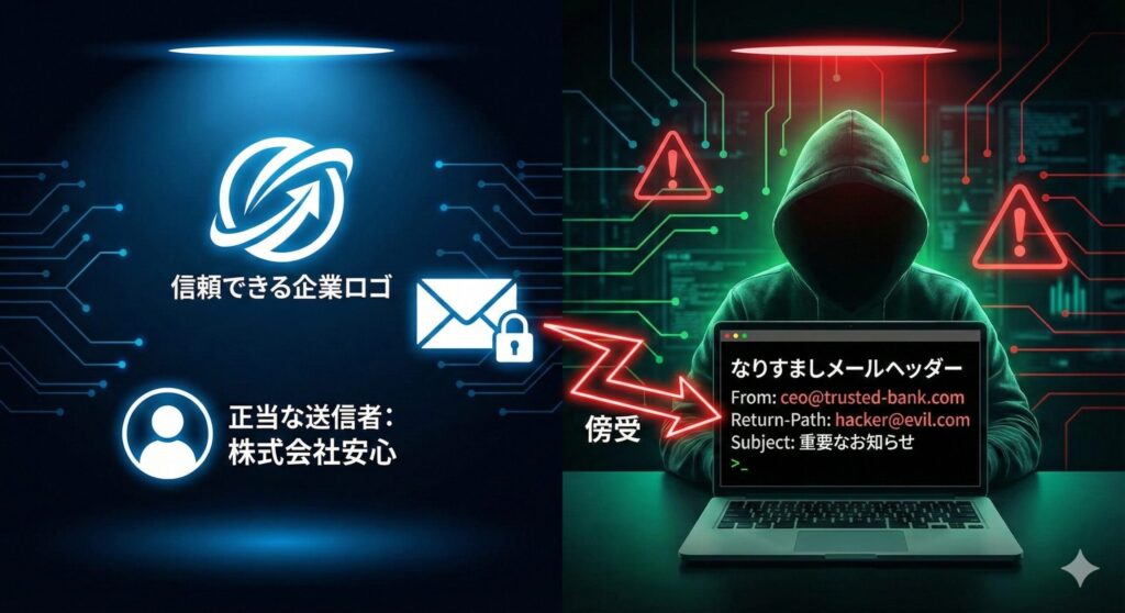 なりすましメール攻撃の概念図、正規の送信者と攻撃者の対比