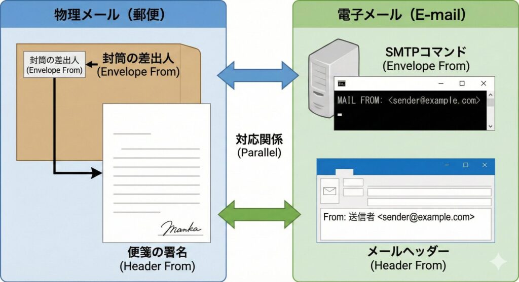 郵便の封筒と便箋を例にしたEnvelope FromとHeader Fromの違いを示す図解