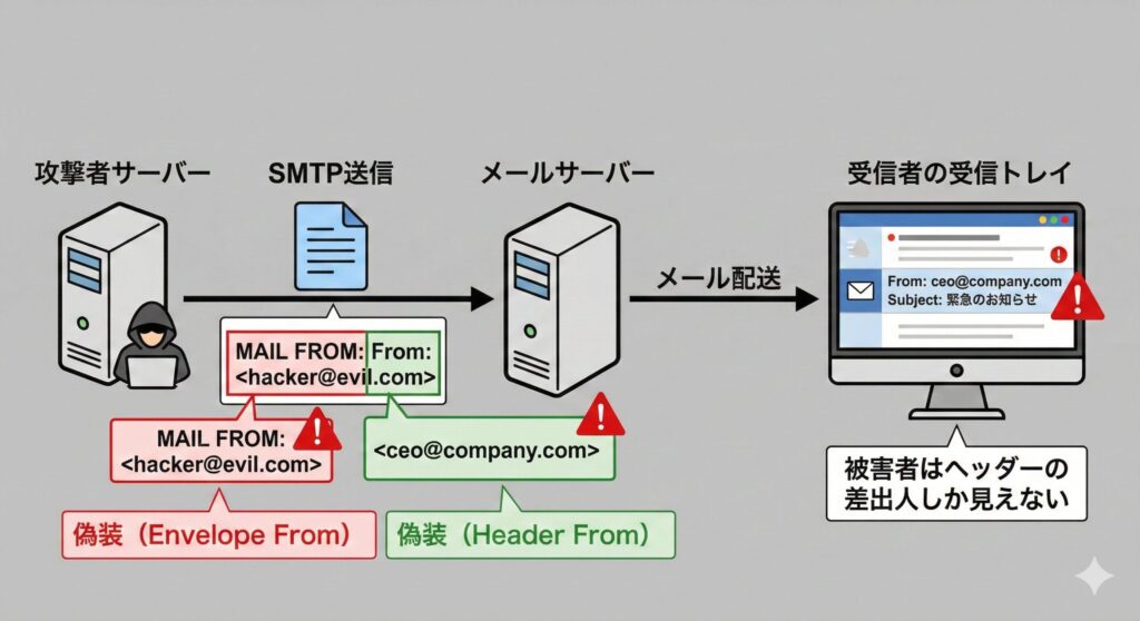 SMTPプロトコルの脆弱性を悪用したなりすましメール送信の流れ図