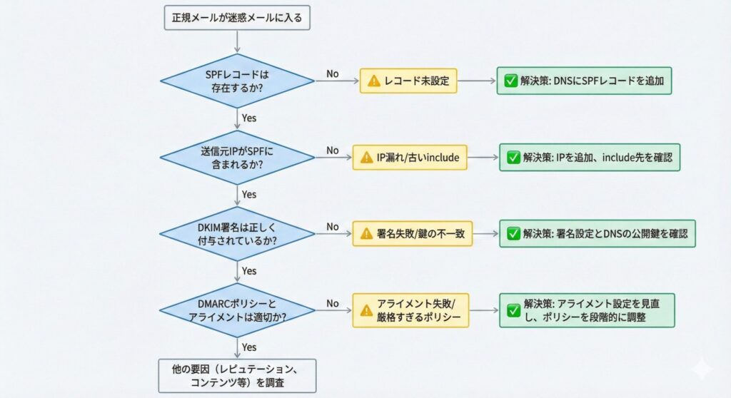 正規メールが迷惑メール判定される問題のトラブルシューティングフローチャート