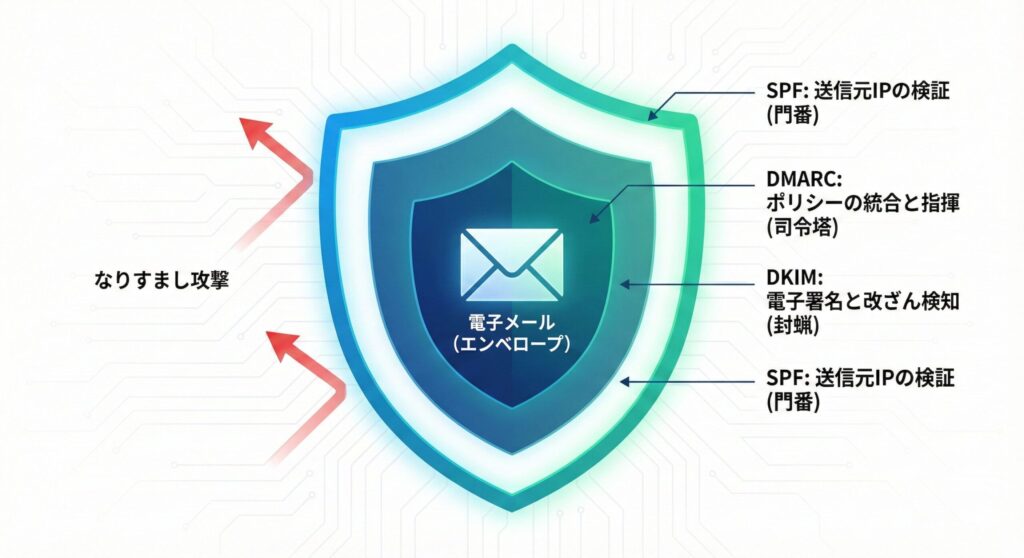 SPF・DKIM・DMARCの多層防御構造を示す概念図、3つの技術が連携してメールを保護