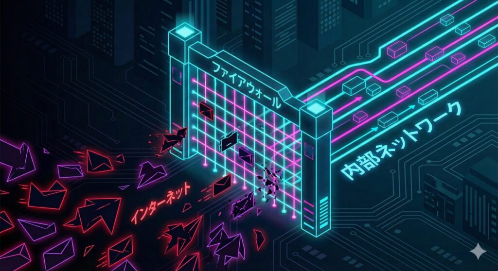 インターネットと内部ネットワークの間に立ち、不正なパケットを遮断するファイアウォールのイメージ図
