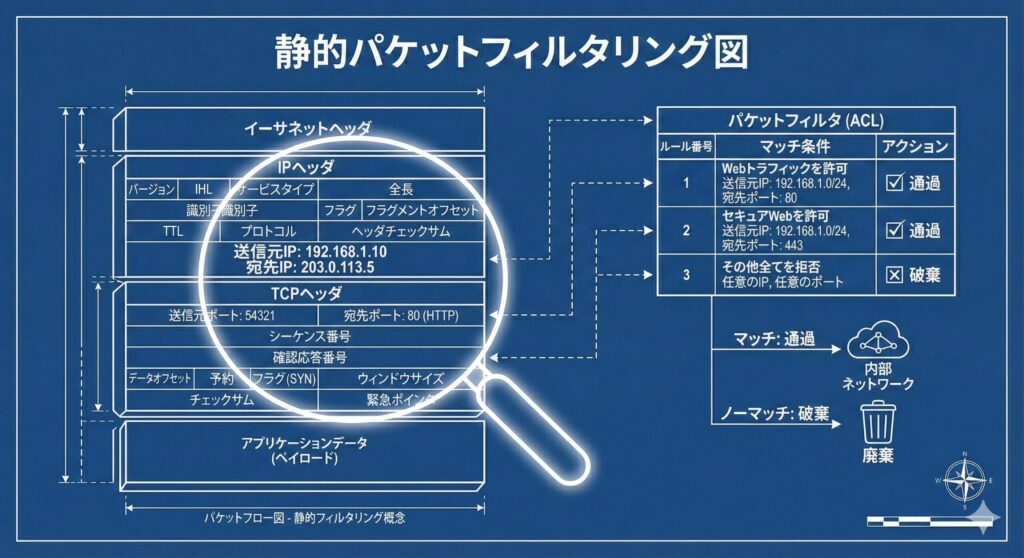 パケットのヘッダ情報(IPアドレスやポート番号)を検査し、リストと照合するパケットフィルタリングの仕組み