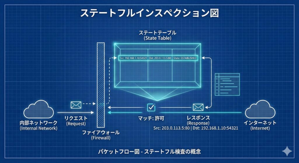 ステートフルインスペクションの仕組み。行きのリクエストを管理テーブルに記録し、戻りのレスポンスを自動的に許可する流れ