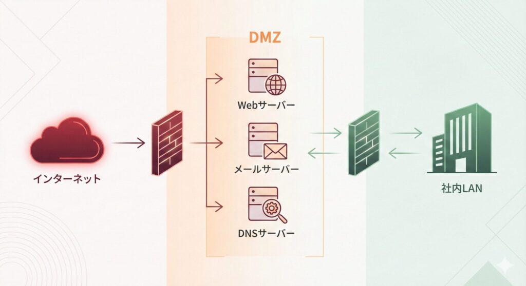 インターネットと社内LANの間に位置するDMZ(非武装地帯)の概念図。外部からのアクセスを緩衝地帯で受け止める構造。