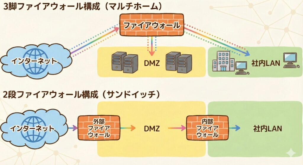 3脚構成(シングルファイアウォール)と2段構成(サンドイッチ型)の比較図。コストとセキュリティ強度の違いを視覚化。