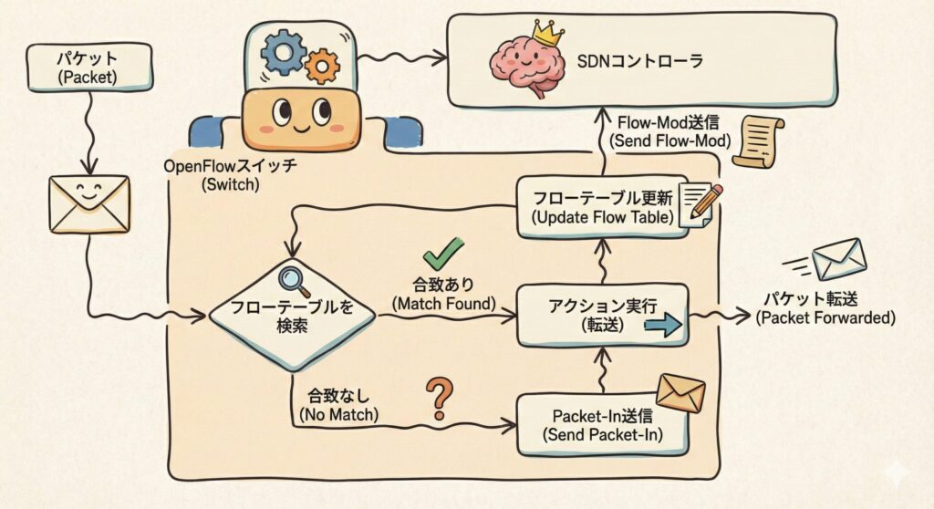 OpenFlowにおけるパケット処理とコントローラとのやり取り(Packet-In/Flow-Mod)のフローチャート