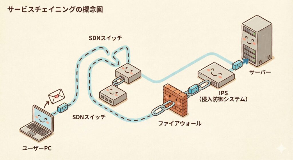 サービスチェイニングの概念図。通常の通信経路を変更し、FWやIPSなどのセキュリティ機器を強制的に経由させる仕組み