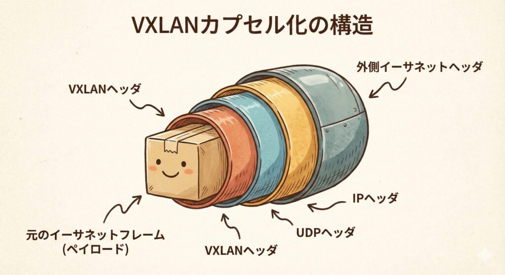VXLANにおけるカプセル化の構造図。元のイーサネットフレームがUDPとIPヘッダで包まれる様子