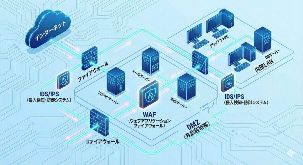 [Image Prompt] Description: An isometric network diagram illustration showing a secure corporate network layout. The diagram should clearly distinguish three zones: the "Internet" (cloud icon), the "DMZ" (containing Web Server, Mail Server, Proxy), and the "Internal LAN" (containing Client PCs, DB Server). Separating these zones are distinct Firewalls. Icons for WAF (placed before Web Server) and IDS/IPS (monitoring traffic lines) are highlighted. The style is clean, isometric, tech-blue color scheme with neon accents indicating data flow.