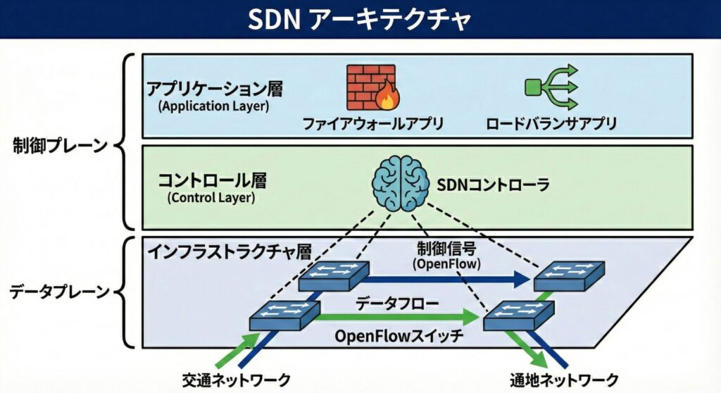 SDNアーキテクチャにおけるアプリケーション層、コントロール層、インフラ層の3層構造と制御の分離