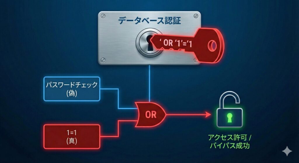 パスワード判定が偽でも「OR 1=1」が真となり、認証を突破してしまうロジックの図解