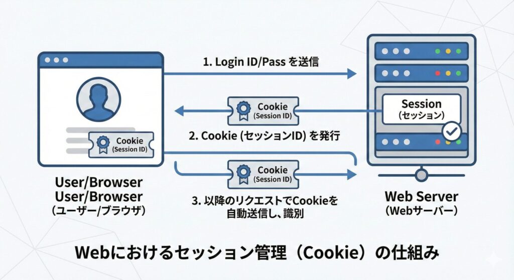 Webブラウザとサーバー間でのCookieを用いたセッション管理の仕組み図