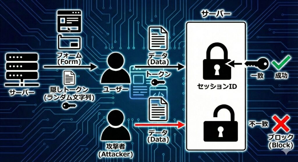 正規のリクエストと攻撃者のリクエストを識別するCSRFトークン(ワンタイムトークン)の照合フロー図