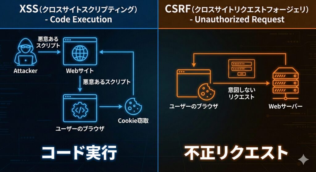  XSS(スクリプト実行による情報盗取など)とCSRF(偽のリクエスト送信による不正操作)の違いを比較する図解