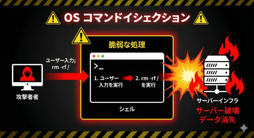 ユーザー入力に区切り文字を含めることで、本来の処理の後に不正なコマンド(削除命令など)が実行されてしまうOSコマンドインジェクションの概念図