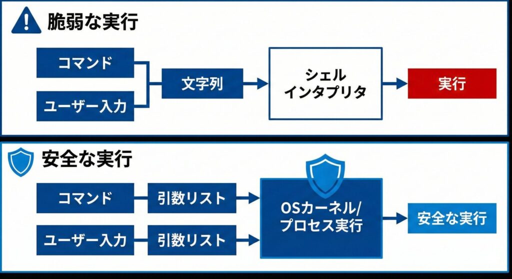 シェルを経由してコマンドを解釈させる脆弱な実装と、引数を配列として渡すことでシェルを経由せずに安全に実行する実装の比較図