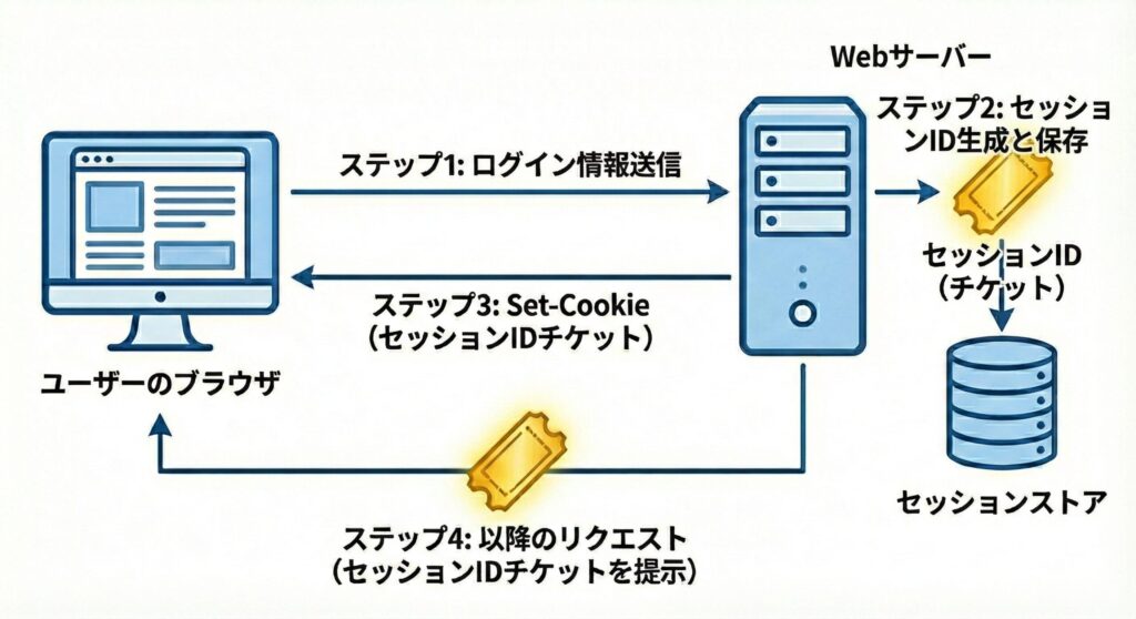 ログイン認証後にサーバーからセッションIDが発行され、以降の通信でそのIDを使ってユーザー識別を行う流れの図解