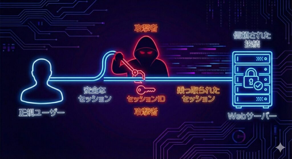 正規ユーザーのセッションIDを攻撃者が盗み出し、サーバーに対してユーザーになりすまして接続するセッションハイジャックのイメージ図