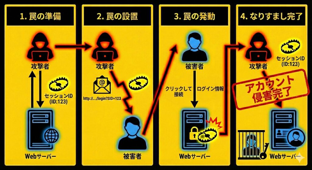 攻撃者が取得したセッションIDを被害者に強制し、ログイン後にそのIDを使ってなりすますセッション固定化攻撃の4段階フロー図
