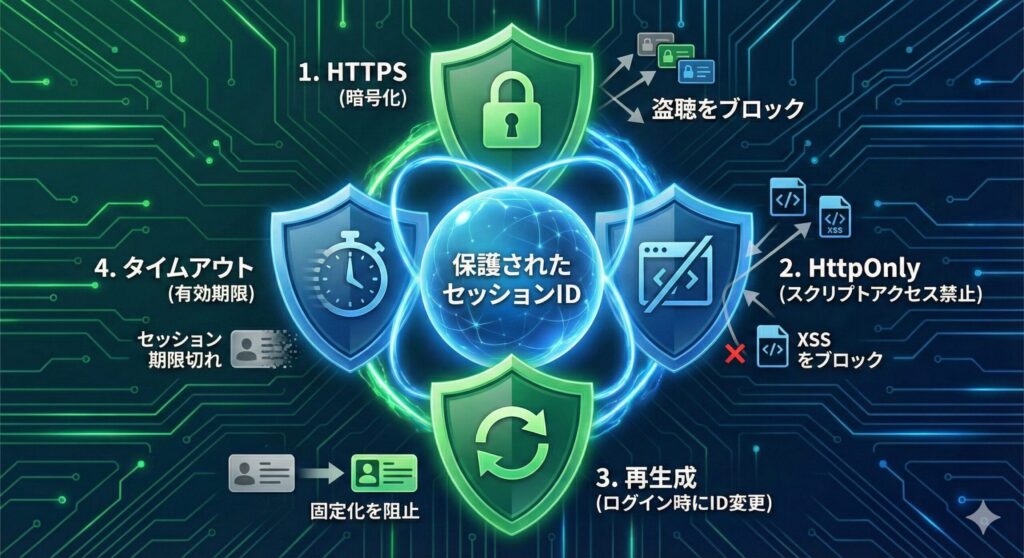 HTTPS、HttpOnly、ID再生成、タイムアウトという4つの主要なセッション保護策を示したインフォグラフィック
