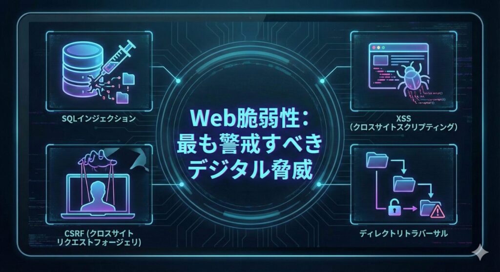 代表的なWeb脆弱性(SQLインジェクション、XSS、CSRF、ディレクトリトラバーサル)をアイコンで表現した図。
