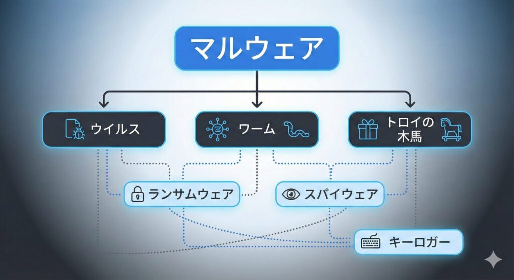 マルウェアの分類図。最上位にマルウェアがあり、その下にウイルス、ワーム、トロイの木馬が分岐し、さらにランサムウェア等が関連付いている体系図