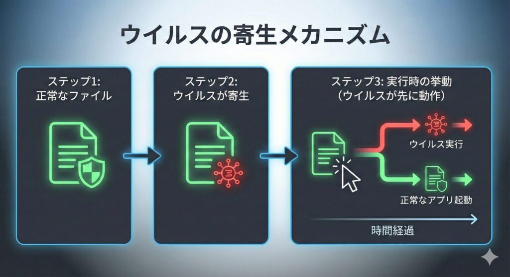 コンピュータウイルスの寄生メカニズム。正常なファイルにウイルスコードが付着し、実行時にウイルスが先に動作する流れの図解