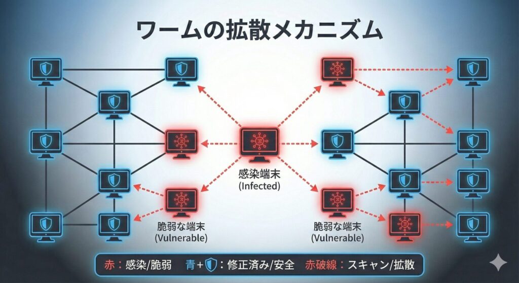 ネットワーク上でのワーム拡散の図解。1台の感染端末から多数の端末へスキャンが行われ、脆弱な端末が次々と赤く染まっていく様子